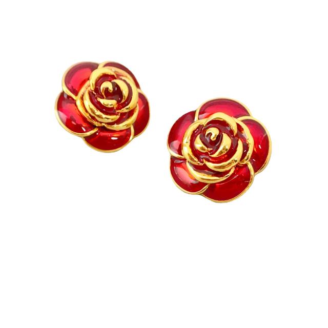 925 needle designer enamel camellia flower copper studs earrings