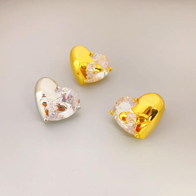 Korean fashion cubic zircon heart gold plated copper earrings