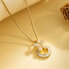 Delicate diamond bow circle pendant stainless steel chain necklace