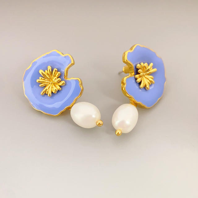Vintage light blue enamel flower pearl copper drop earrings