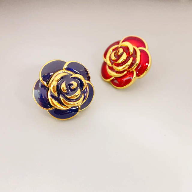 925 needle designer enamel camellia flower copper studs earrings