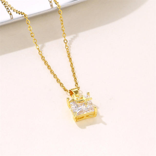 Delicate square cubic zircon gold star pendant stainless steel chain necklace