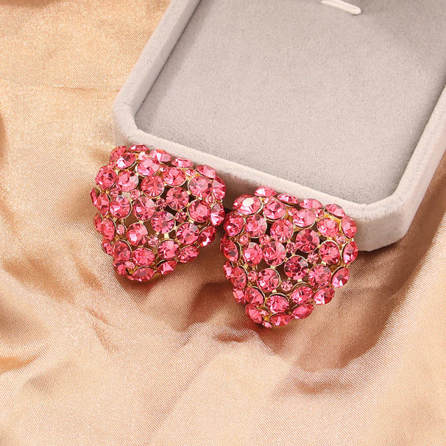 Delicate colorful rhinestone pave setting chunky heart studs earrings