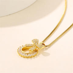 Delicate diamond bow circle pendant stainless steel chain necklace