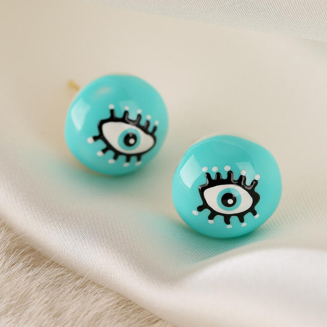 Funny color enamel evil eye ball bead copper studs earrings