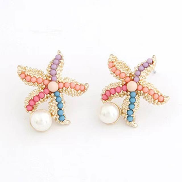 Ocean trend colorful bead starfish pearl studs earrings for women