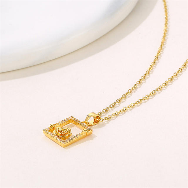 INS diamond square rose flower stainless steel chain necklace