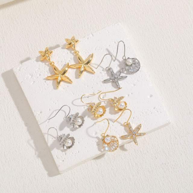 14K gold plated ocean series starfish shell earrings