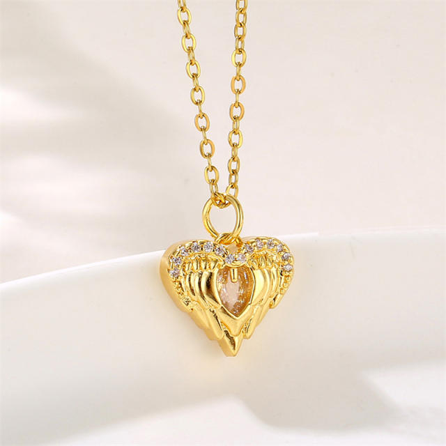 Delicate angel wing heart pendant stainless steel chain necklace