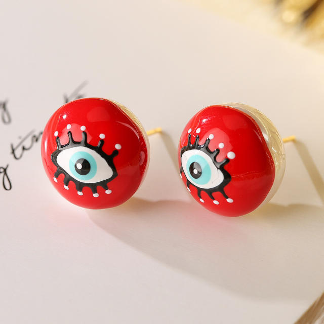 Funny color enamel evil eye ball bead copper studs earrings