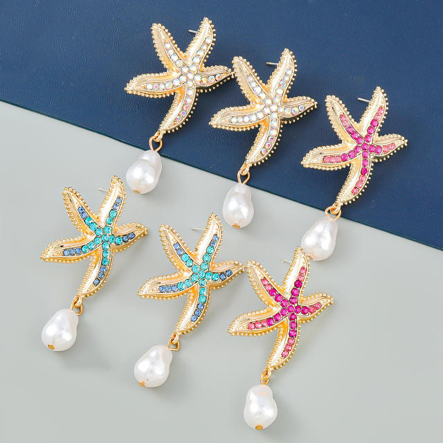 Summer ocean series color diamond starfish pearl drop earrings