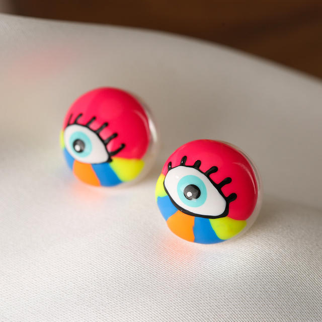 Funny color enamel evil eye ball bead copper studs earrings