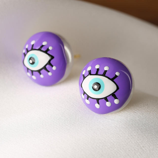 Funny color enamel evil eye ball bead copper studs earrings