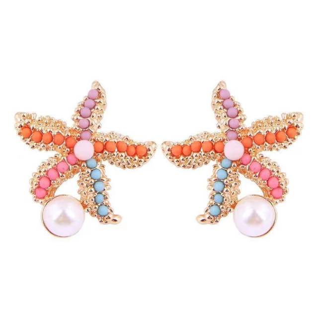 Ocean trend colorful bead starfish pearl studs earrings for women