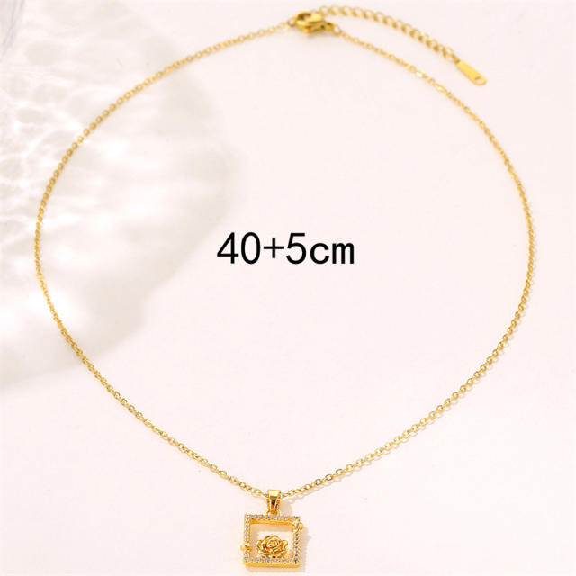 INS diamond square rose flower stainless steel chain necklace