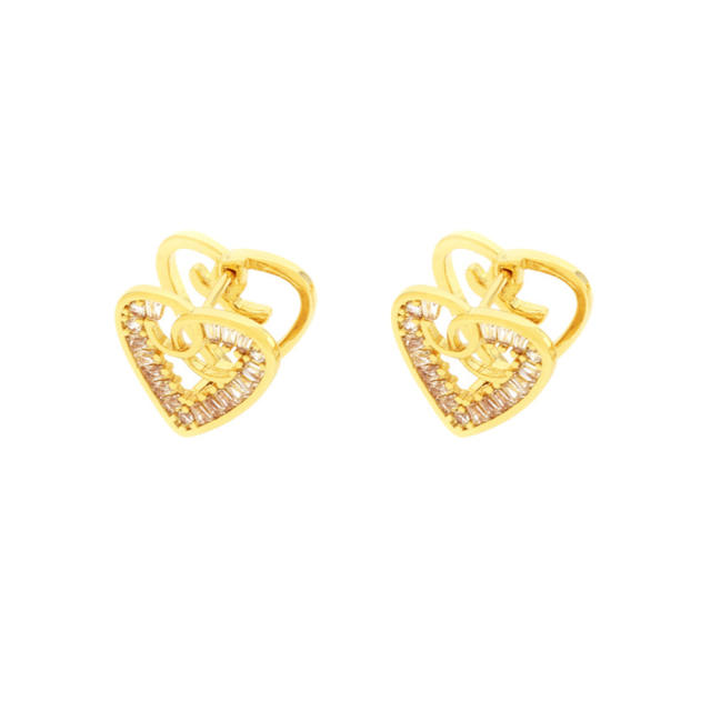 Elegant hollow heart diamond copper huggie earrings