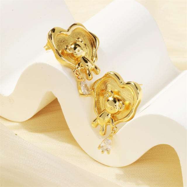 Sweet heart bear gold plated copper earrings