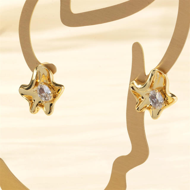 Cute cubic zircon starfish gold plated copper studs earrings