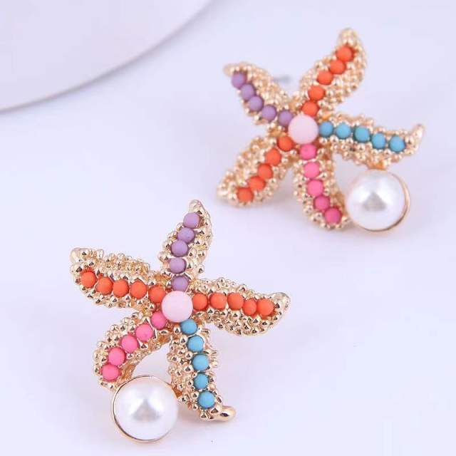 Ocean trend colorful bead starfish pearl studs earrings for women