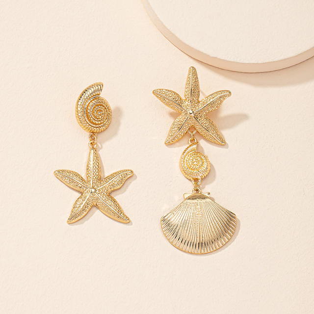 Summer beach starfish shell dangle Asymmetric earrings