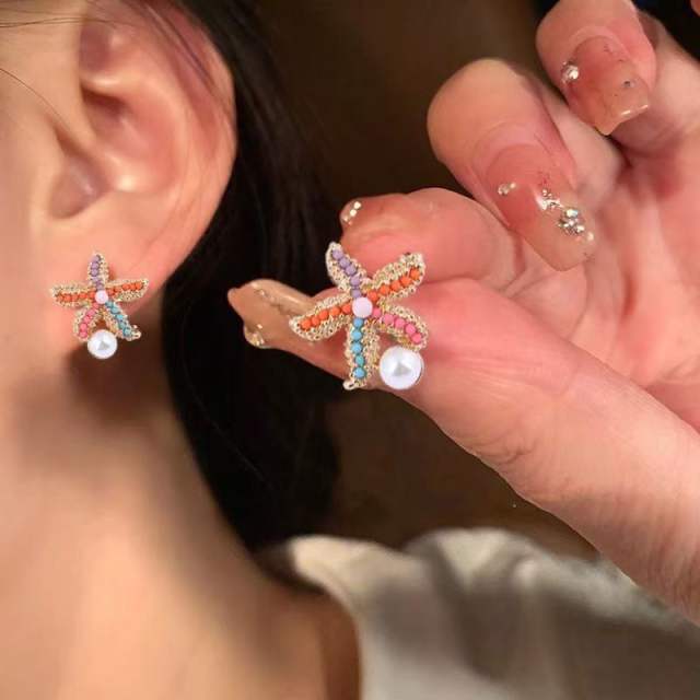 Ocean trend colorful bead starfish pearl studs earrings for women