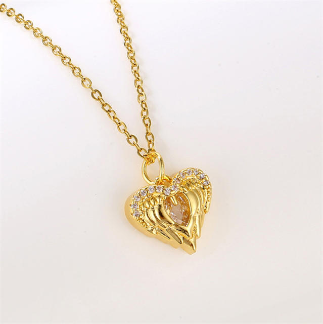 Delicate angel wing heart pendant stainless steel chain necklace