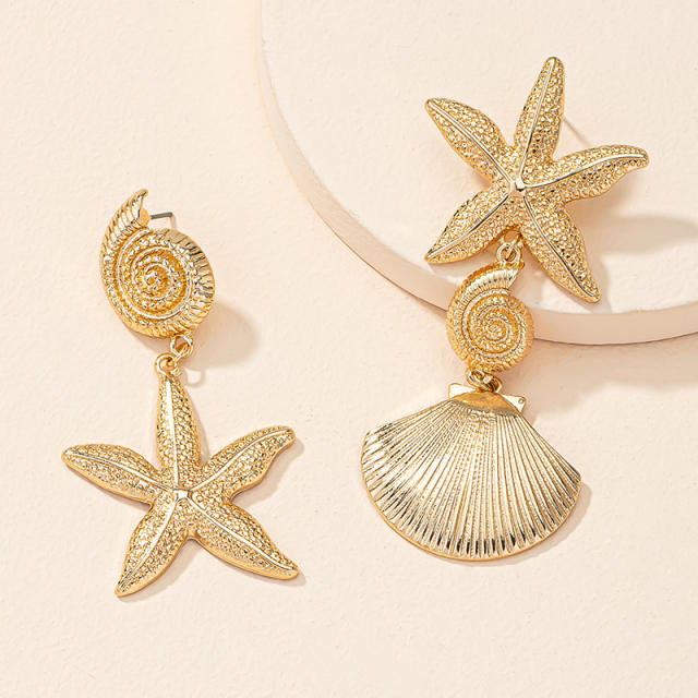 Summer beach starfish shell dangle Asymmetric earrings