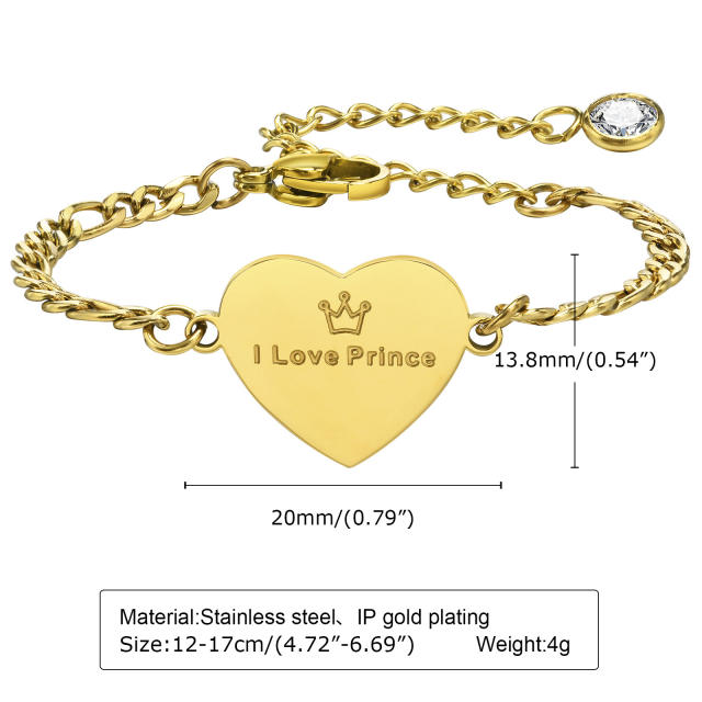 18K heart charm stainless steel chain bracelet