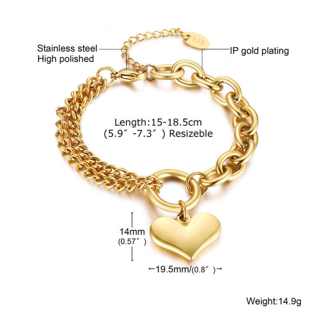 18K heart charm stainless steel chain bracelet