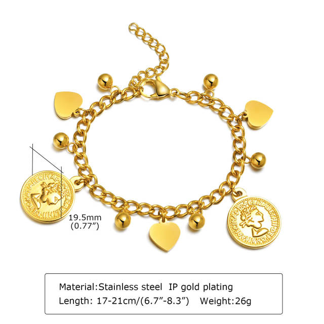 18K heart charm stainless steel chain bracelet