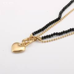 Creative black crystal bead two layer heart charm stainless steel necklace