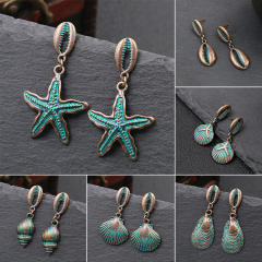 Vintage blue color starfish shell holiday earrings for women