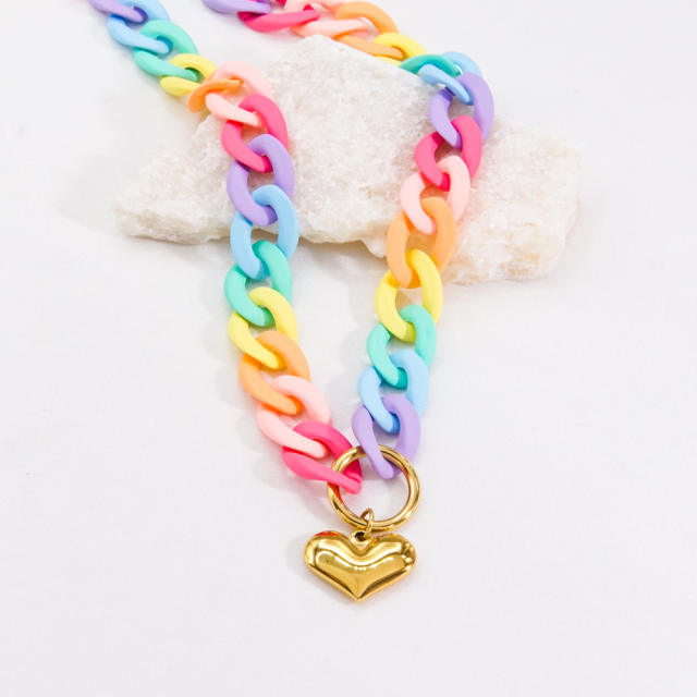 Y2K rainbow acrylic chain stainless steel heart pendant necklace