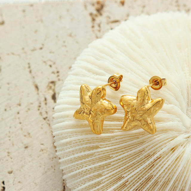 Chunky starfish design gold plated copper studs earrings