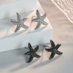 Delicate black silver color full diamond starfish earrings