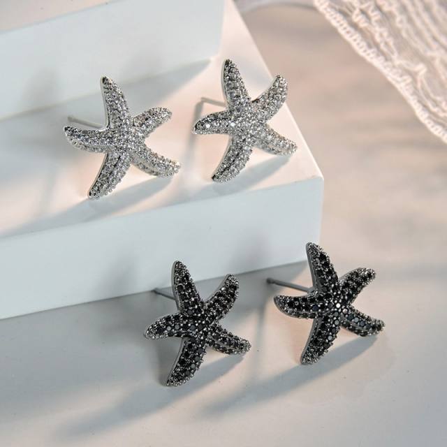 Delicate black silver color full diamond starfish earrings