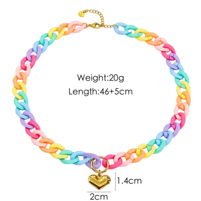 Y2K rainbow acrylic chain stainless steel heart pendant necklace