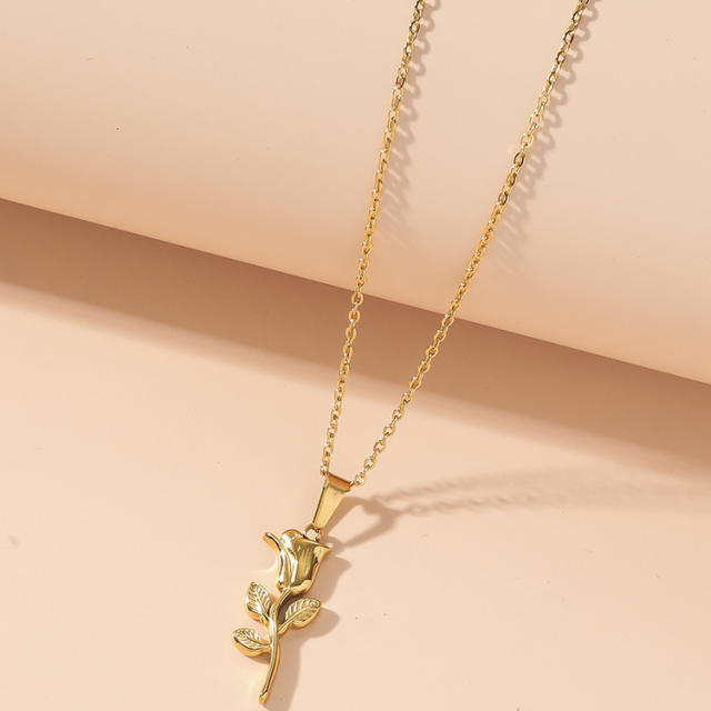 Sweet korean fashion rose flower pendant stainless steel necklace