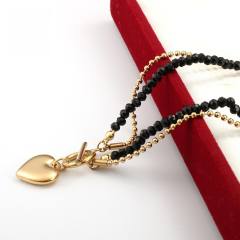 Creative black crystal bead two layer heart charm stainless steel necklace