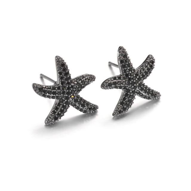Delicate black silver color full diamond starfish earrings