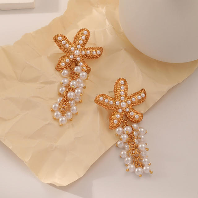 Holiday trend pearl bead starfish tassel copper earrings