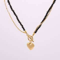 Creative black crystal bead two layer heart charm stainless steel necklace
