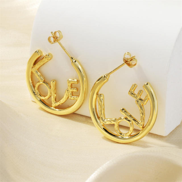 LOVE letter real gold plated copper open hoop earrings