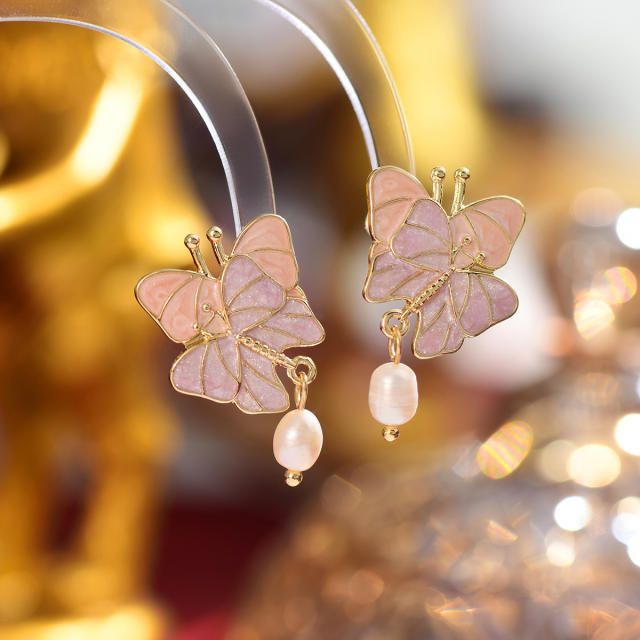 Sweet pink color enamel butterful pearl drop women earrings clip on earrings