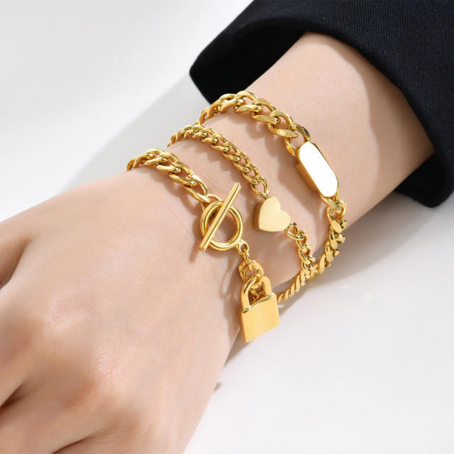 Chunky cuban link chain padlock heart stainless steel bracelet