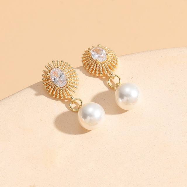 14K gold plated pearl cubic zircon setting copper earrings