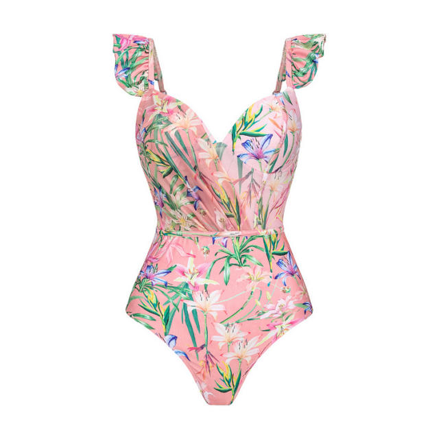 New arrival pink color floral pattern ruffles swimsuit set