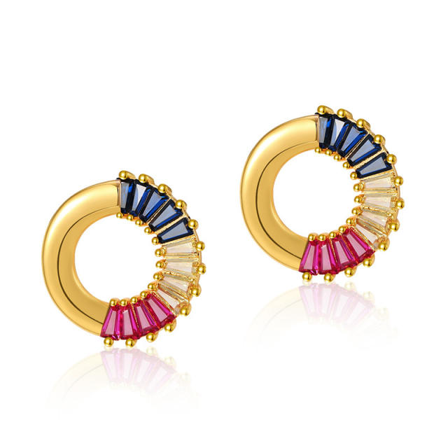 18K real gold plated rainbow cz circle copper studs earrings