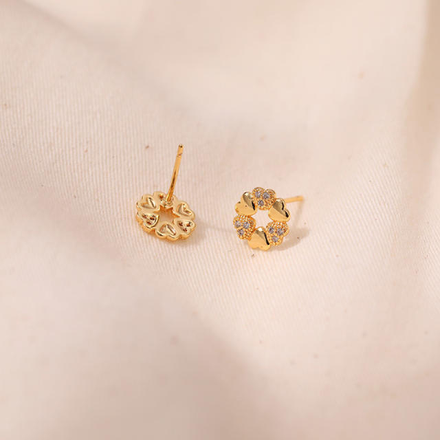 Creative sweet tiny heart circle gold plated copper studs earrings