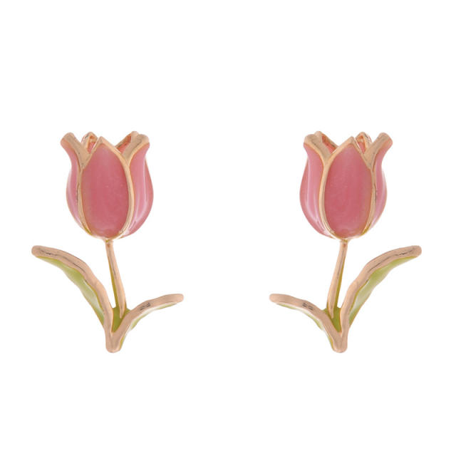 French sweet pink color enamel tulip copper studs earrings clip on earrings
